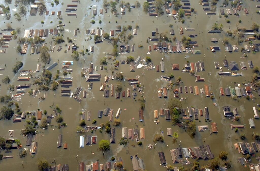 Flooded New Orleans captured from the air during Hurricane Katrina in 2005